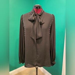 Vince Camuto Elegant Black Blouse with Bow Detail And Stud Accents, Size M